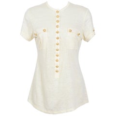 Balmain cream linen gold tone logo button tee shirt
