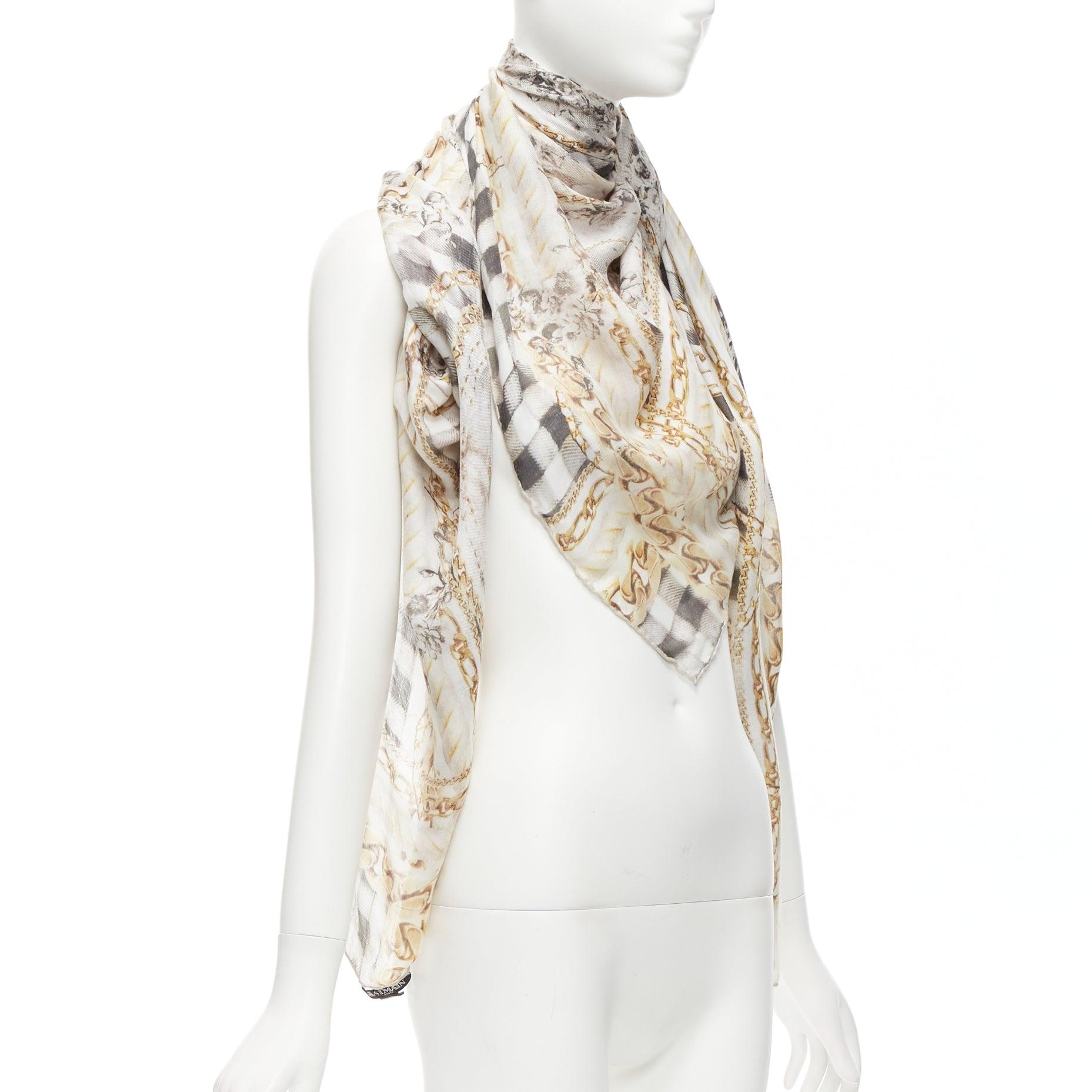 BALMAIN cream modal cashmere chain check tromp loeil print scarf In Excellent Condition For Sale In Hong Kong, NT