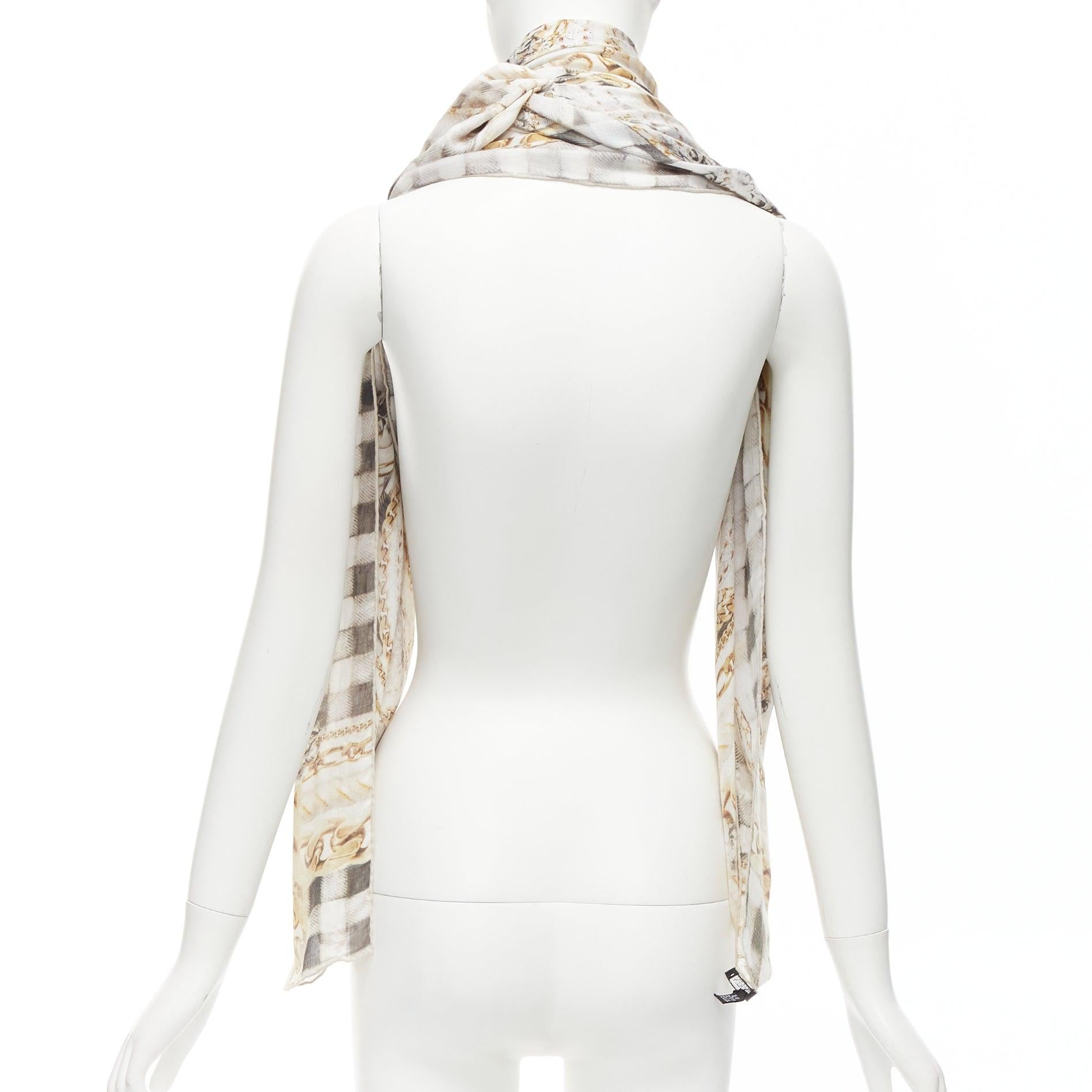 BALMAIN cream modal cashmere chain check tromp loeil print scarf For Sale 1