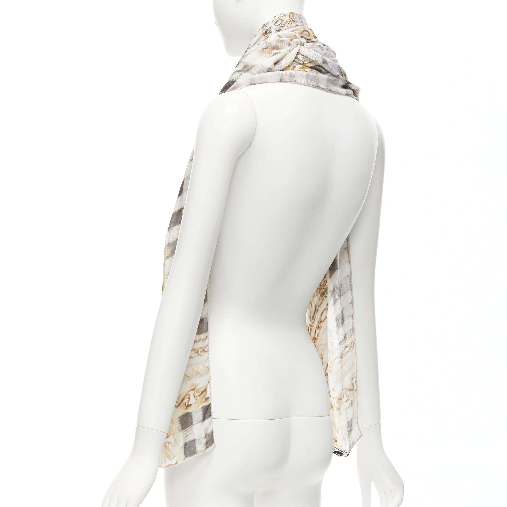 BALMAIN cream modal cashmere chain check tromp loeil print scarf For Sale 2