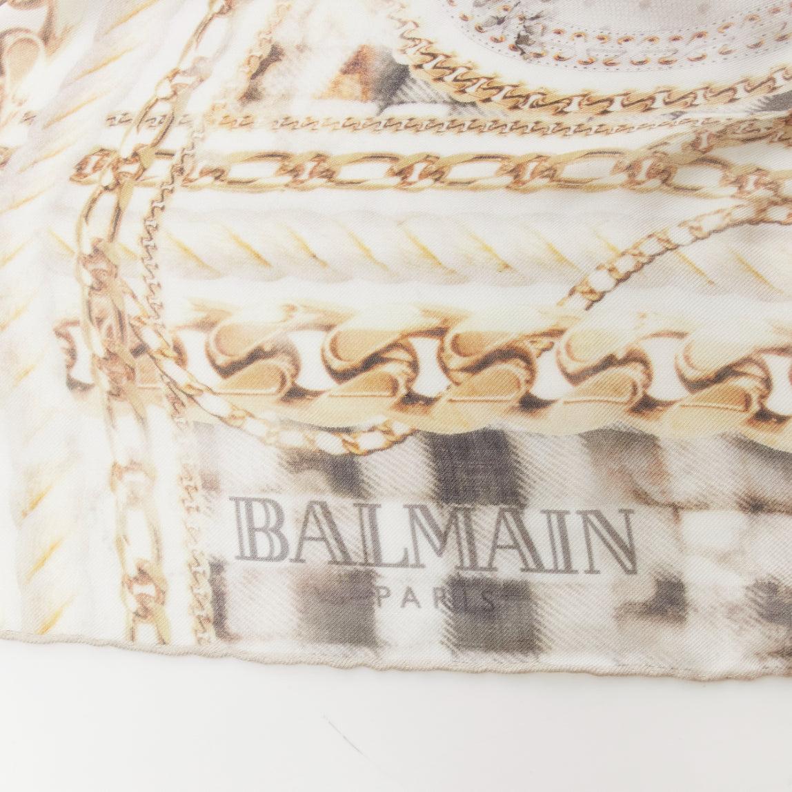 BALMAIN cream modal cashmere chain check tromp loeil print scarf For Sale 3