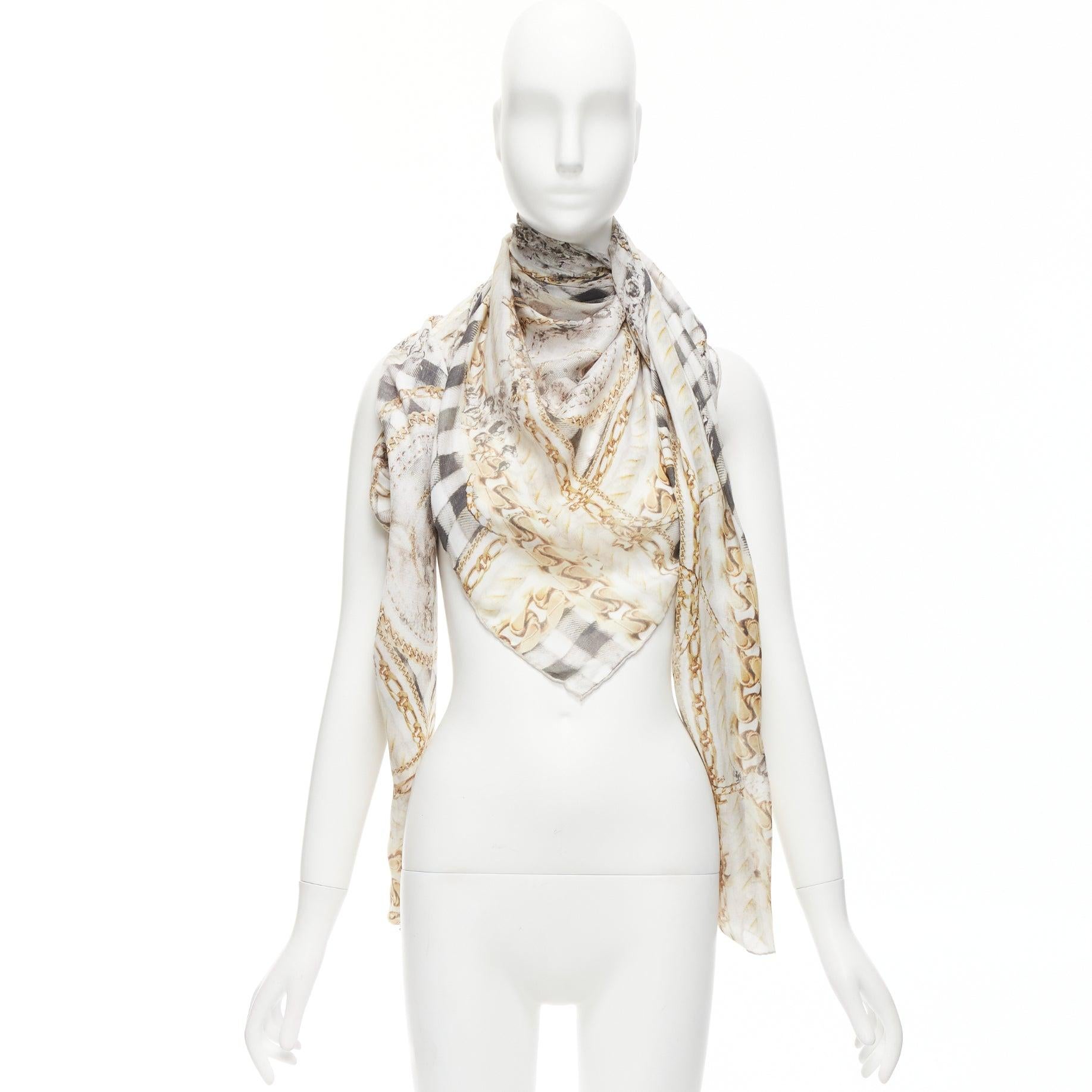BALMAIN cream modal cashmere chain check tromp loeil print scarf For Sale 5