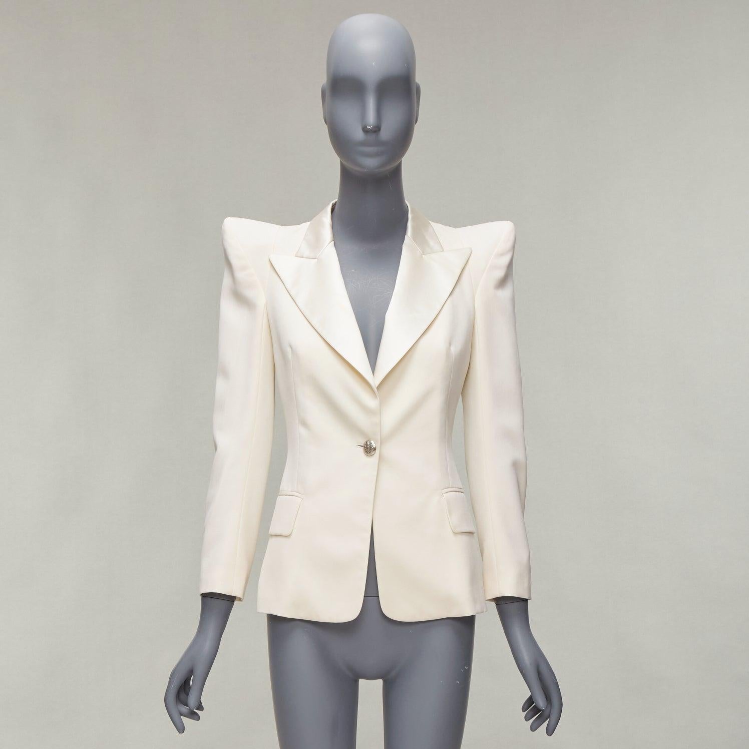 BALMAIN cream pagoda peak power shoulder single button tuxedo jacket FR38 S For Sale 7