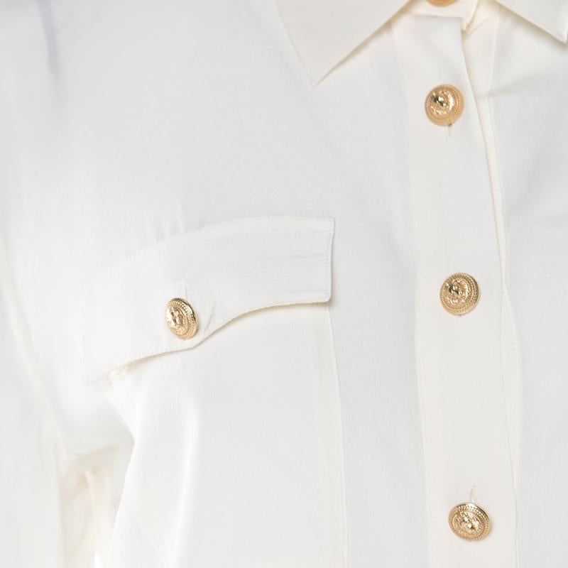 Gray Balmain Cream Silk Gold Tone Button Detail Long Sleeve Shirt M