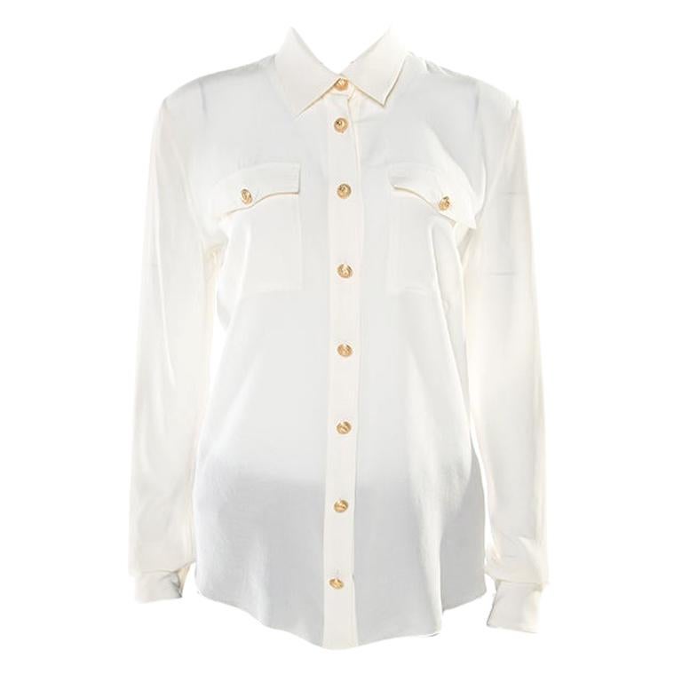 Balmain Cream Silk Gold Tone Button Detail Long Sleeve Shirt M