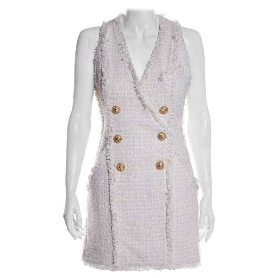 BALMAIN Cream Tweed Mini Dress Size 36 For Sale