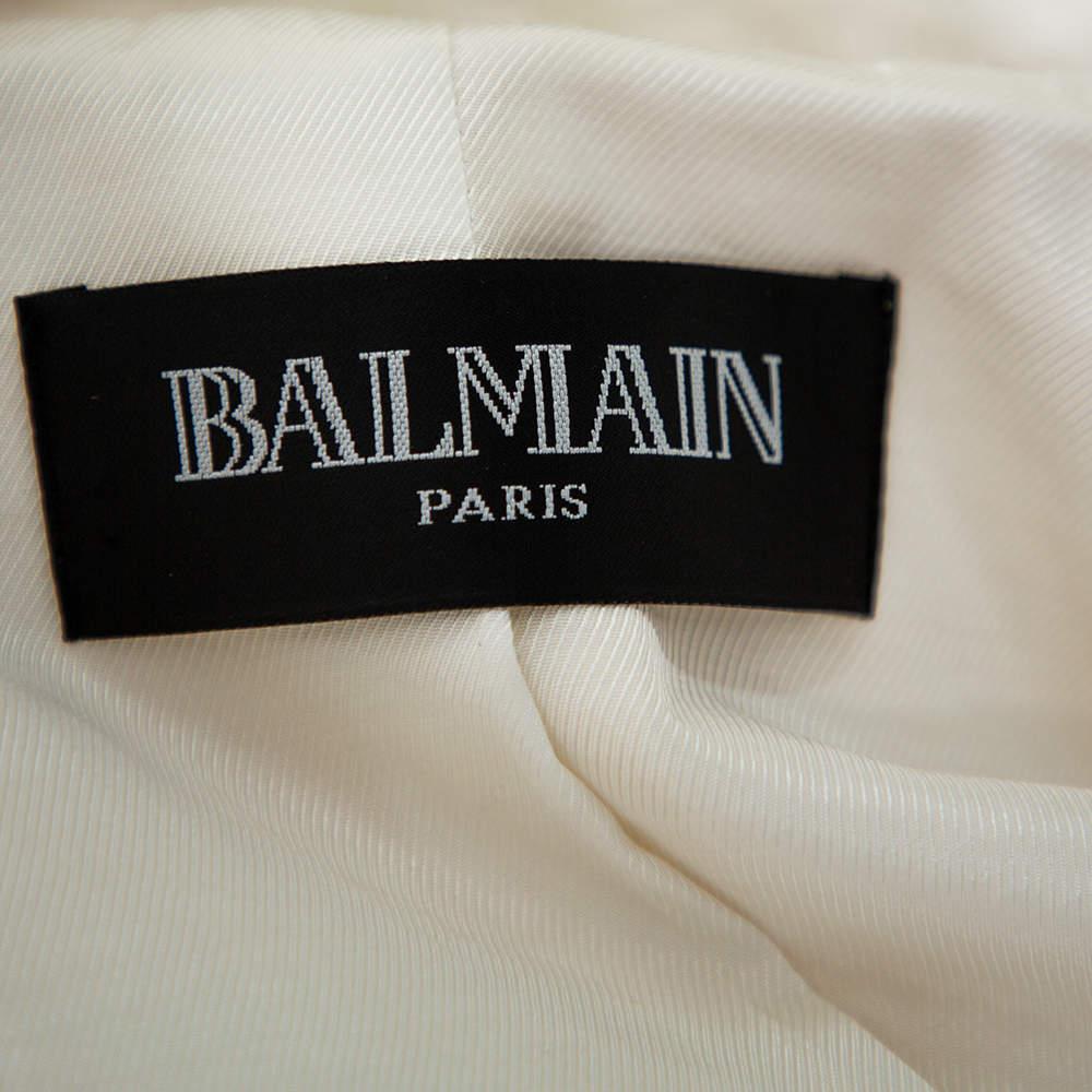 Women's Balmain Cream Wool Satin Trim Open Front Blazer M For Sale