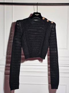 Balmain cropped black knitwear with padded shoulders and gold buttoms size 34