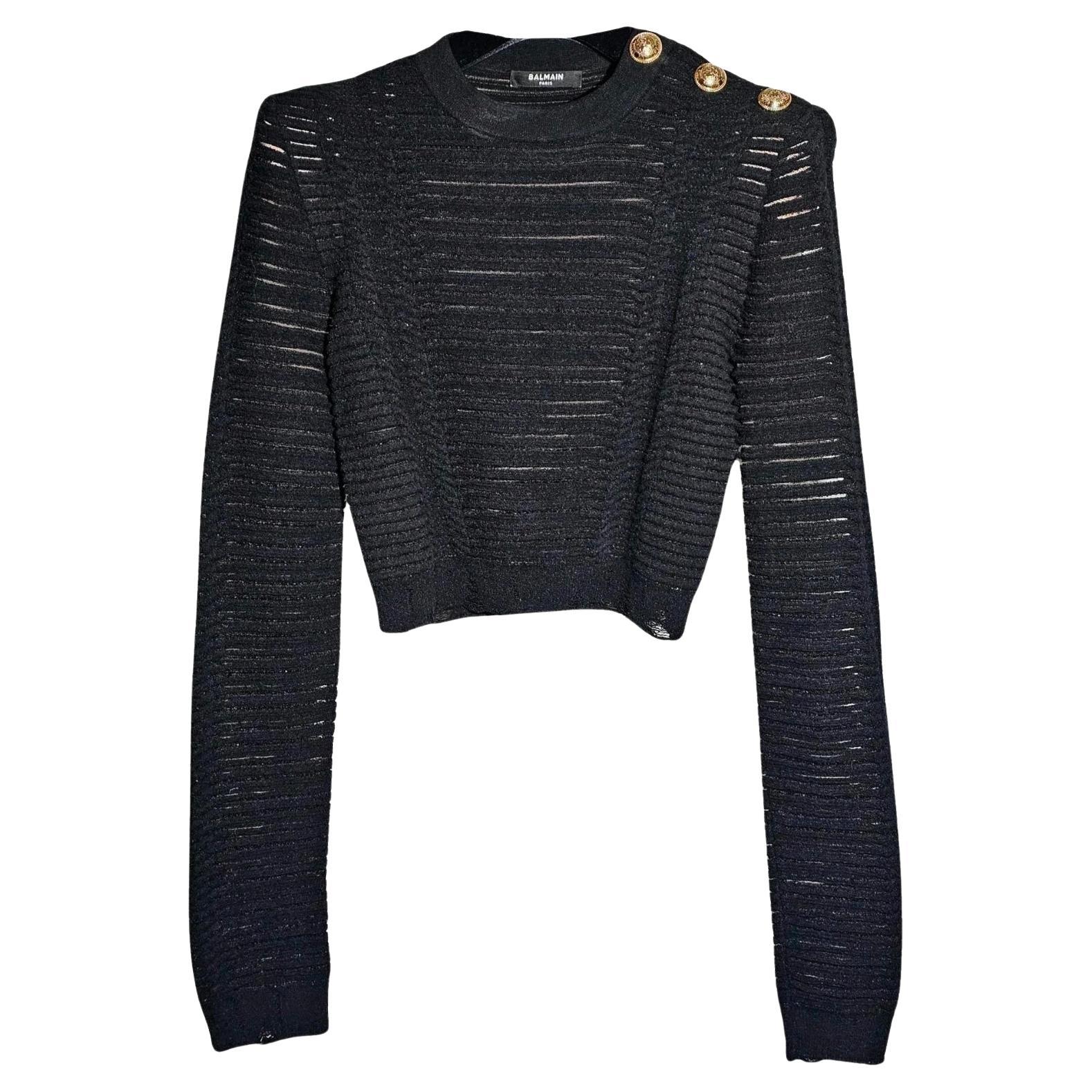 Balmain cropped black knitwear with padded shoulders and gold buttoms size 34