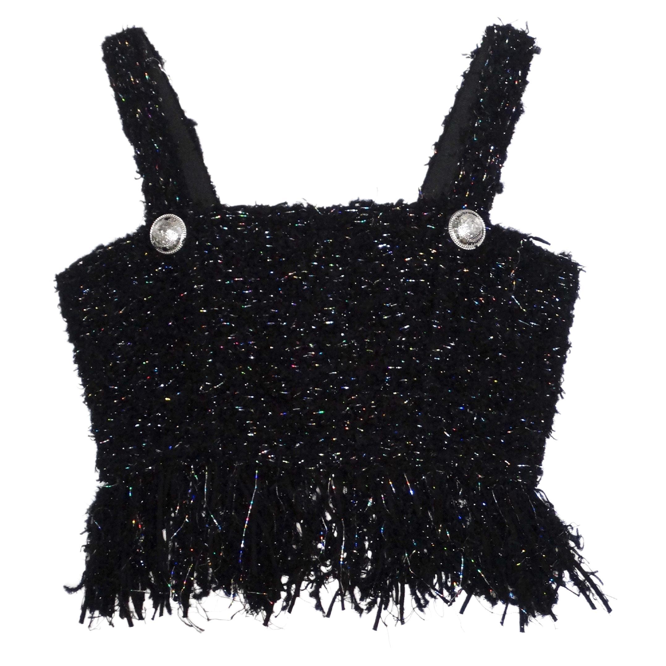 Balmain - Top court bustier en tweed noir en vente