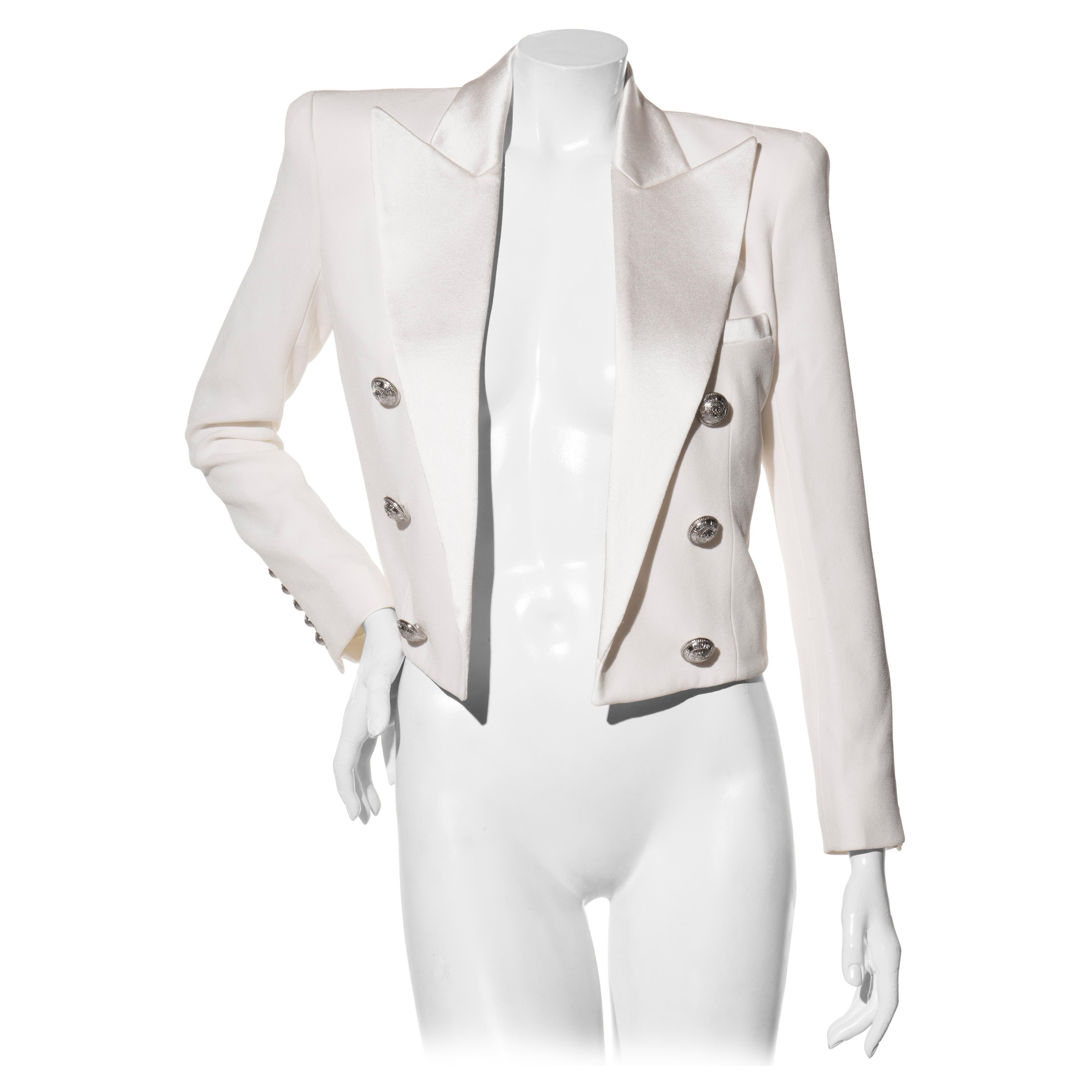 Balmain Weißer Kurzblazer aus Satin und Viskose Größe FR 38 im Angebot