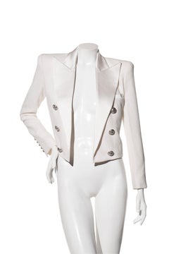 Balmain Cropped White Blazer in Satin & Viscose Size FR 38