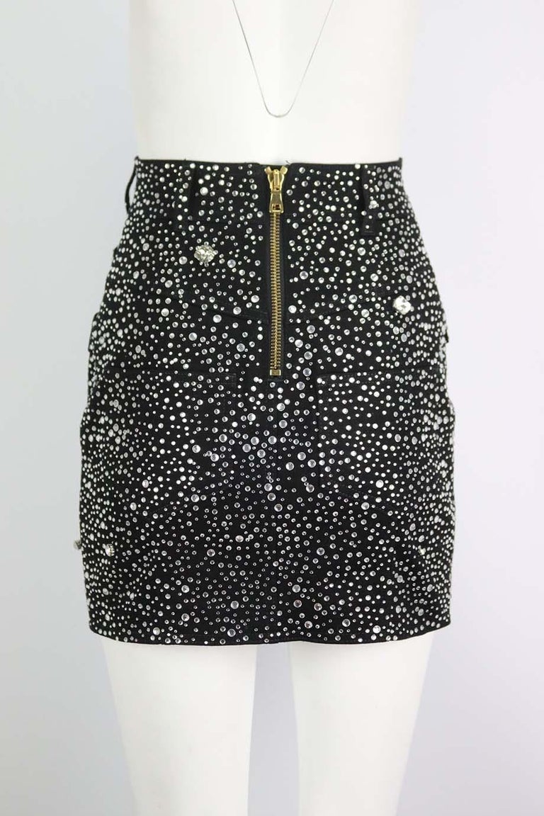 Balmain Crystal Embellished Denim Mini Skirt FR 36 UK 8 For Sale at 1stDibs
