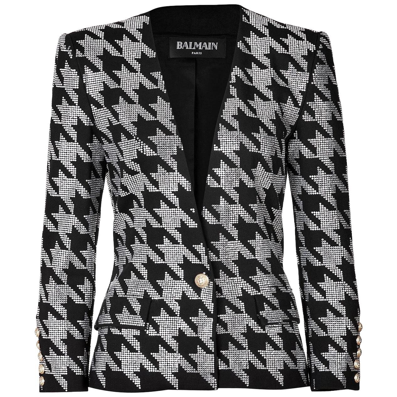  Balmain Crystal-Embellished Houndstooth Jacket 
