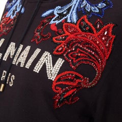 BALMAIN crystal rhinestone bead baroque logo black cropped fleece hoodie XXS