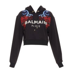 BALMAIN crystal rhinestone bead baroque logo black cropped fleece hoodie XXS