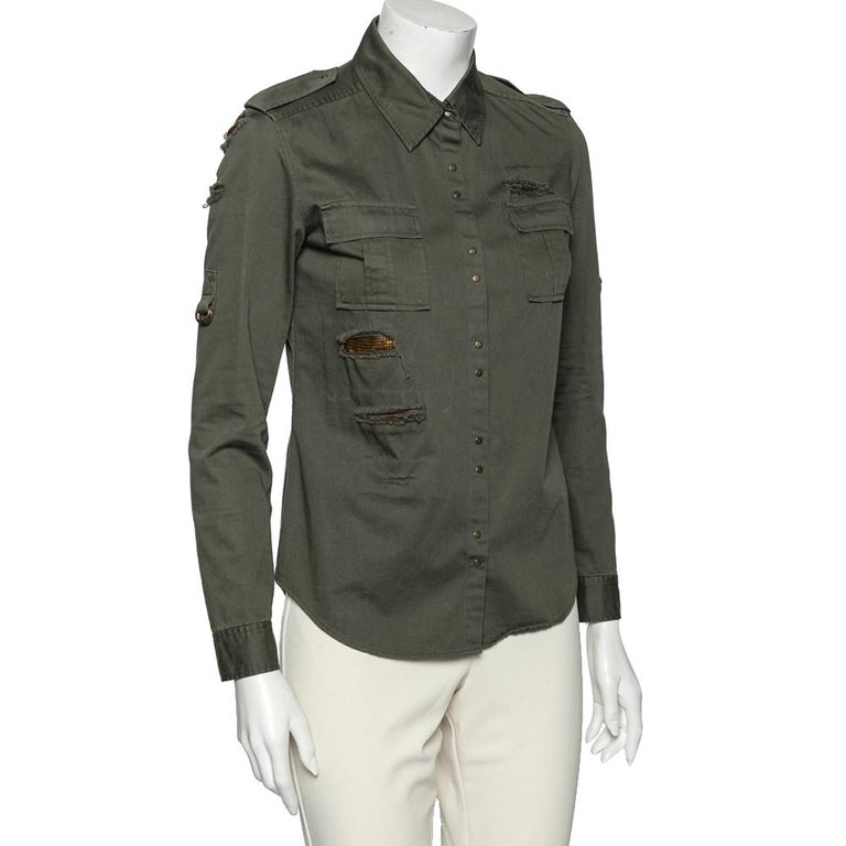 Balmain Dark Green Cotton Distressed Embellished Button Front Military Shirt M For Sale at 1stDibs | green shirt, women military shirt, military shirt for womens