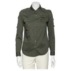 Balmain Dark Green Cotton Distressed Embellished Button Front Military Shirt M