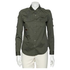 Balmain - Camicia militare in cotone verde scuro con bottoni impreziositi - M