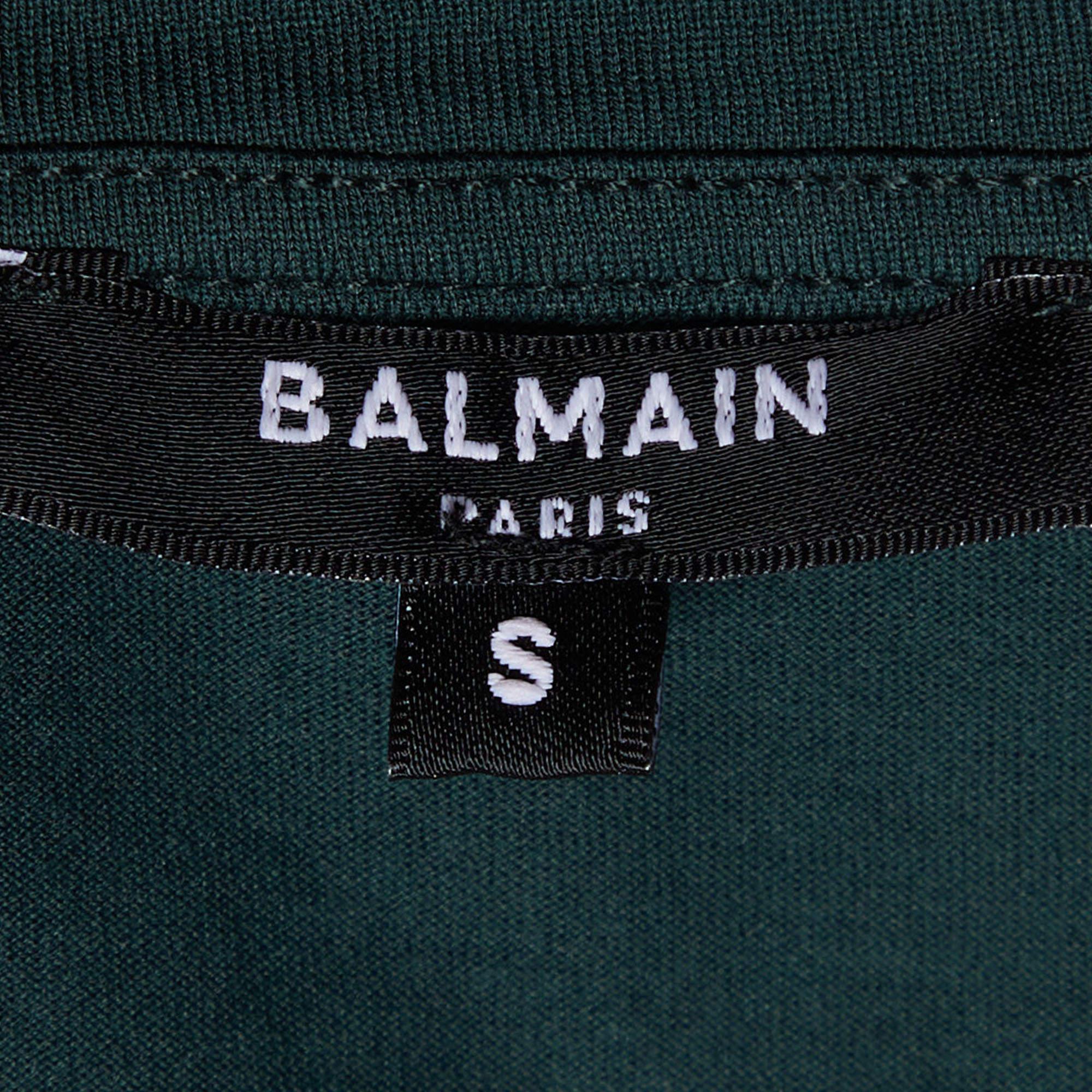 Men's Balmain Deep Green Cotton Jersey Logo Embroidered Crew Neck T-Shirt S For Sale