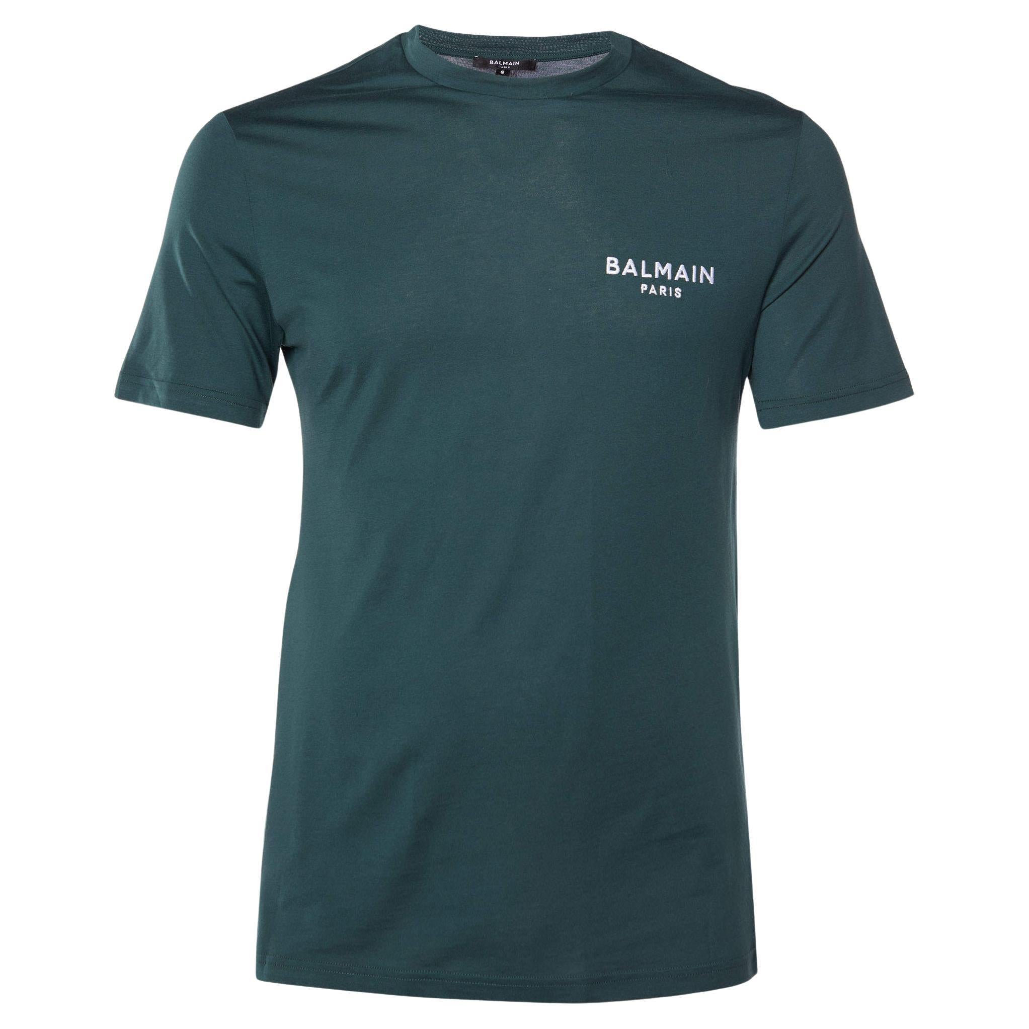 Balmain Deep Green Cotton Jersey Logo Embroidered Crew Neck T-Shirt S For Sale