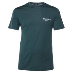 Balmain T-shirt à col ras du cou brodé de logos en jersey de coton vert foncé S