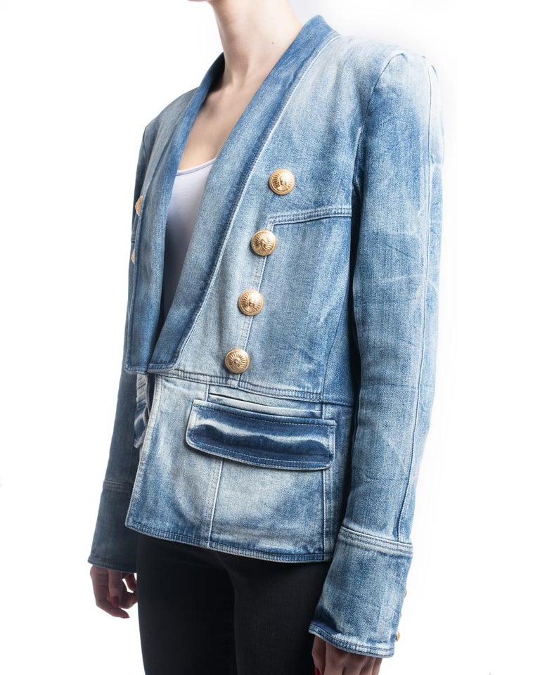 Balmain Denim Jacket with Gold Military Buttons L / 12 at 1stDibs denim jacket gold buttons