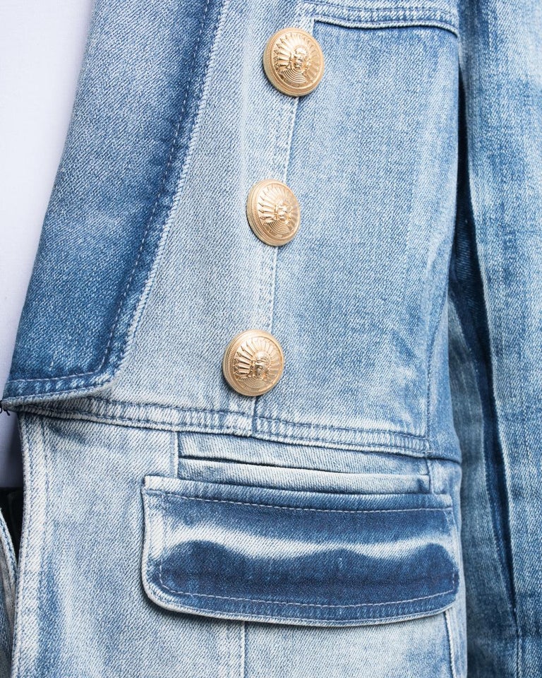 Balmain Denim Jacket with Gold Military Buttons L / 12 at 1stDibs denim jacket gold buttons
