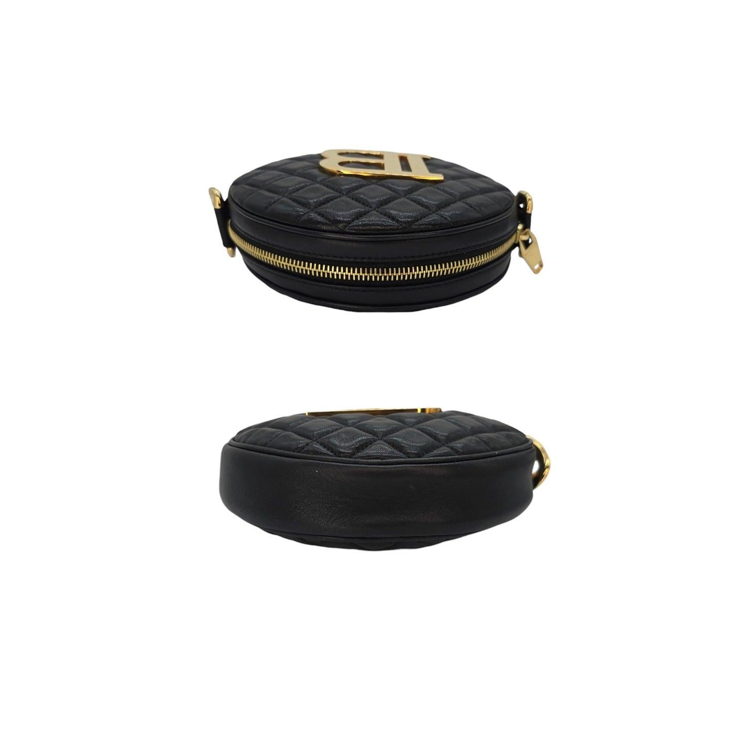 Balmain Disco Logo Quilted Leather Round Crossbody In Good Condition For Sale In Scottsdale, AZ
