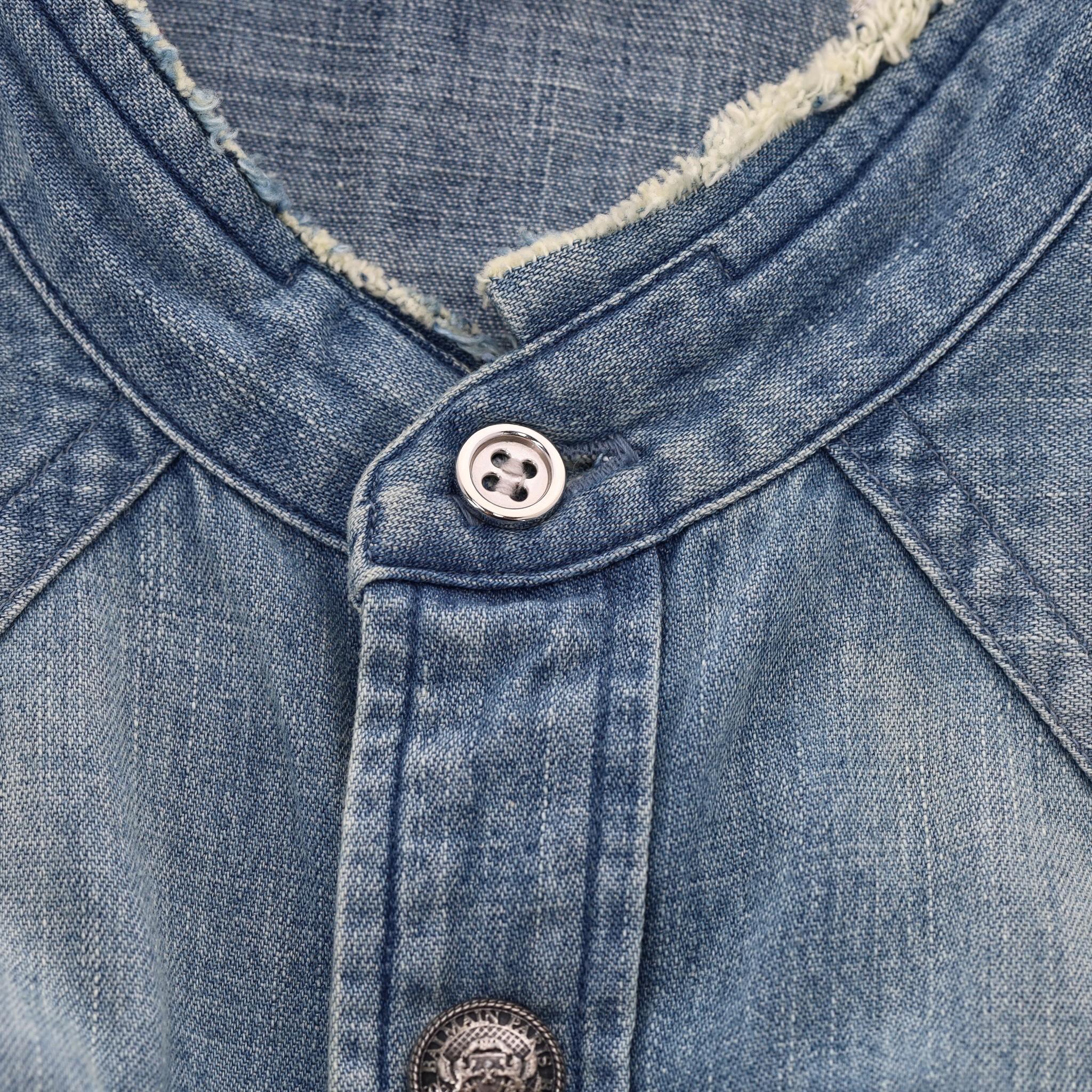 Men's Balmain Distressed Faded Denim Shirt With Embroidered Logo Back For Sale