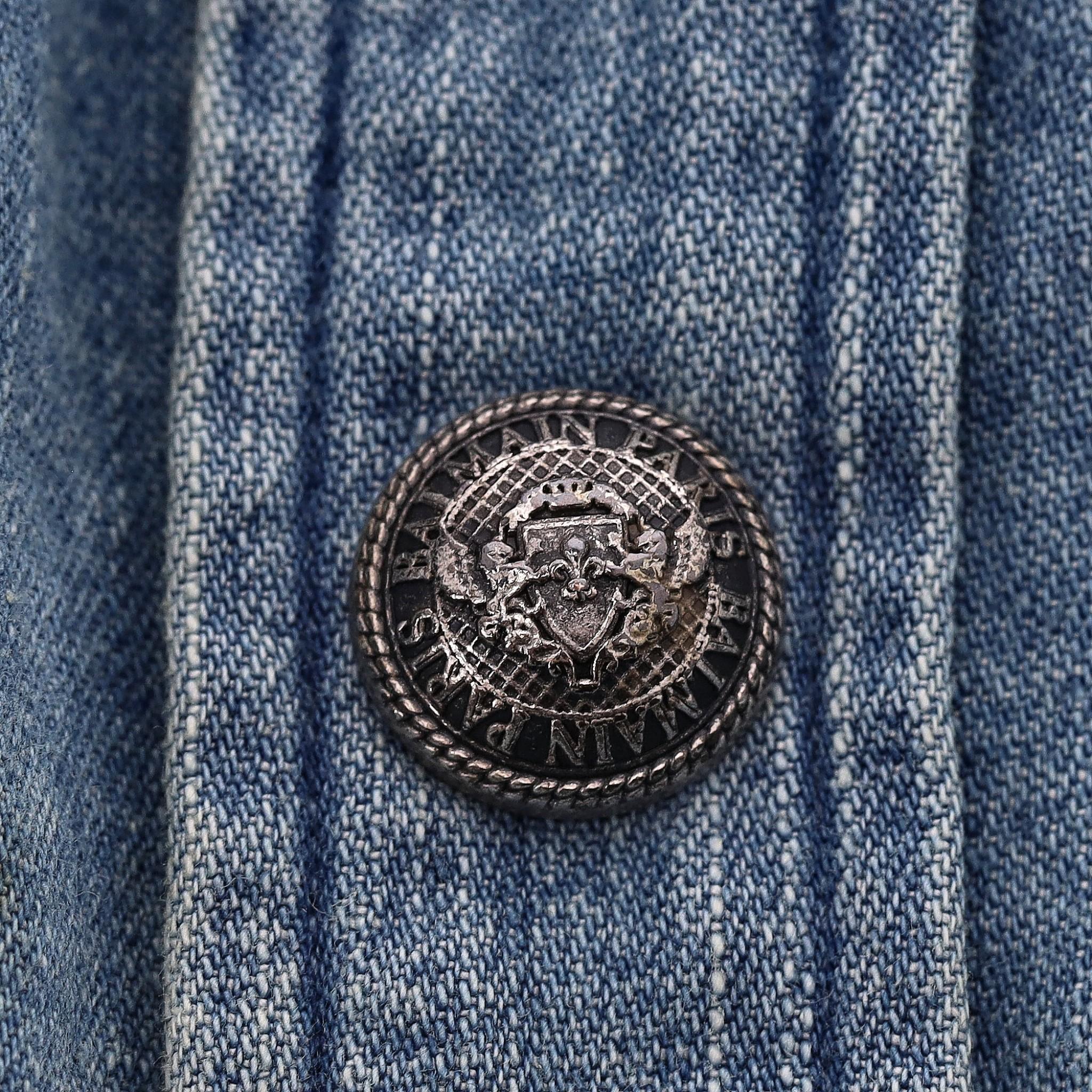 Balmain Distressed Faded Denim Shirt With Embroidered Logo Back For Sale 1