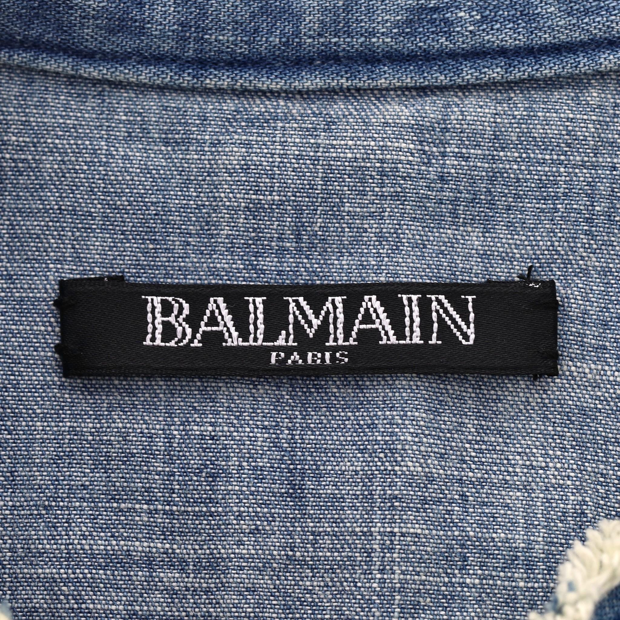 Balmain Distressed Faded Denim Shirt With Embroidered Logo Back For Sale 2