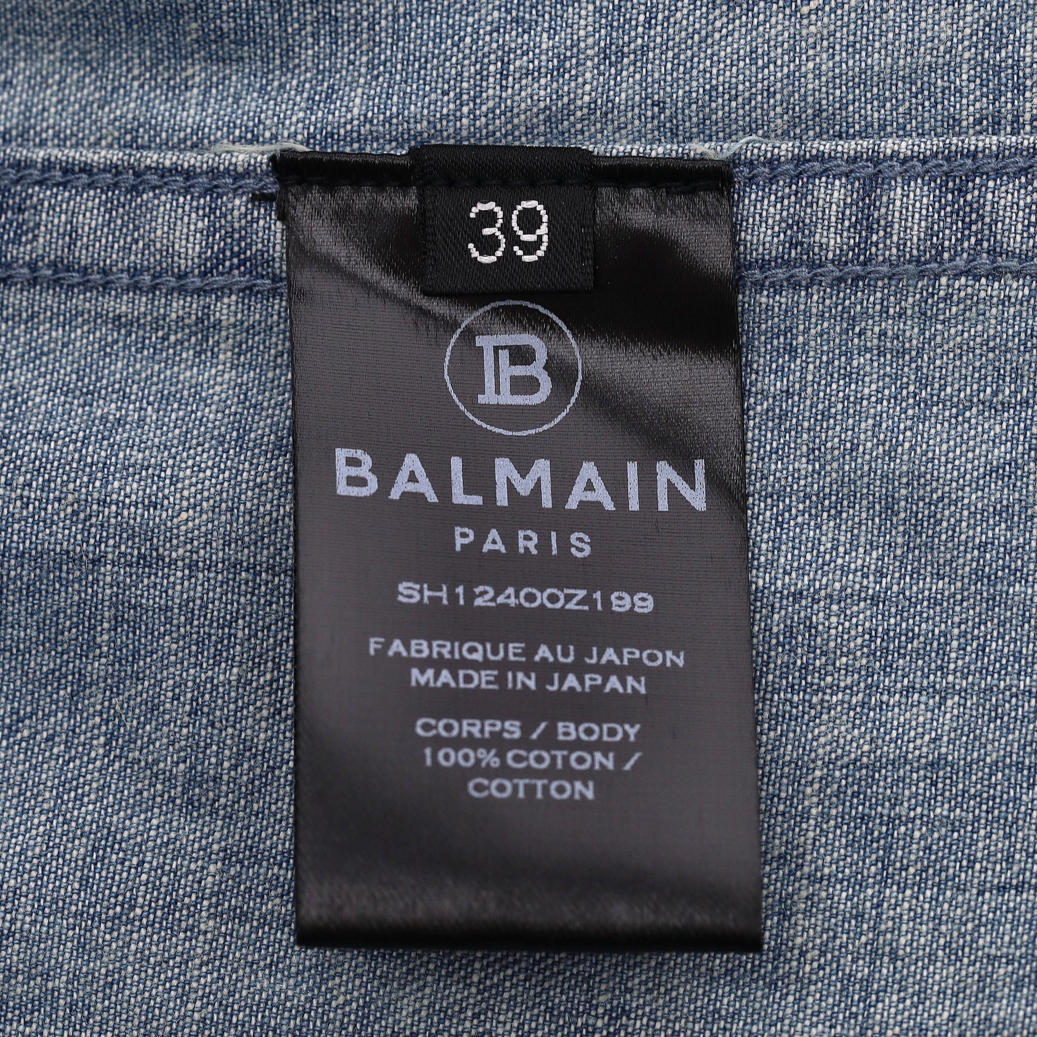 Balmain Distressed Faded Denim Shirt With Embroidered Logo Back For Sale 3
