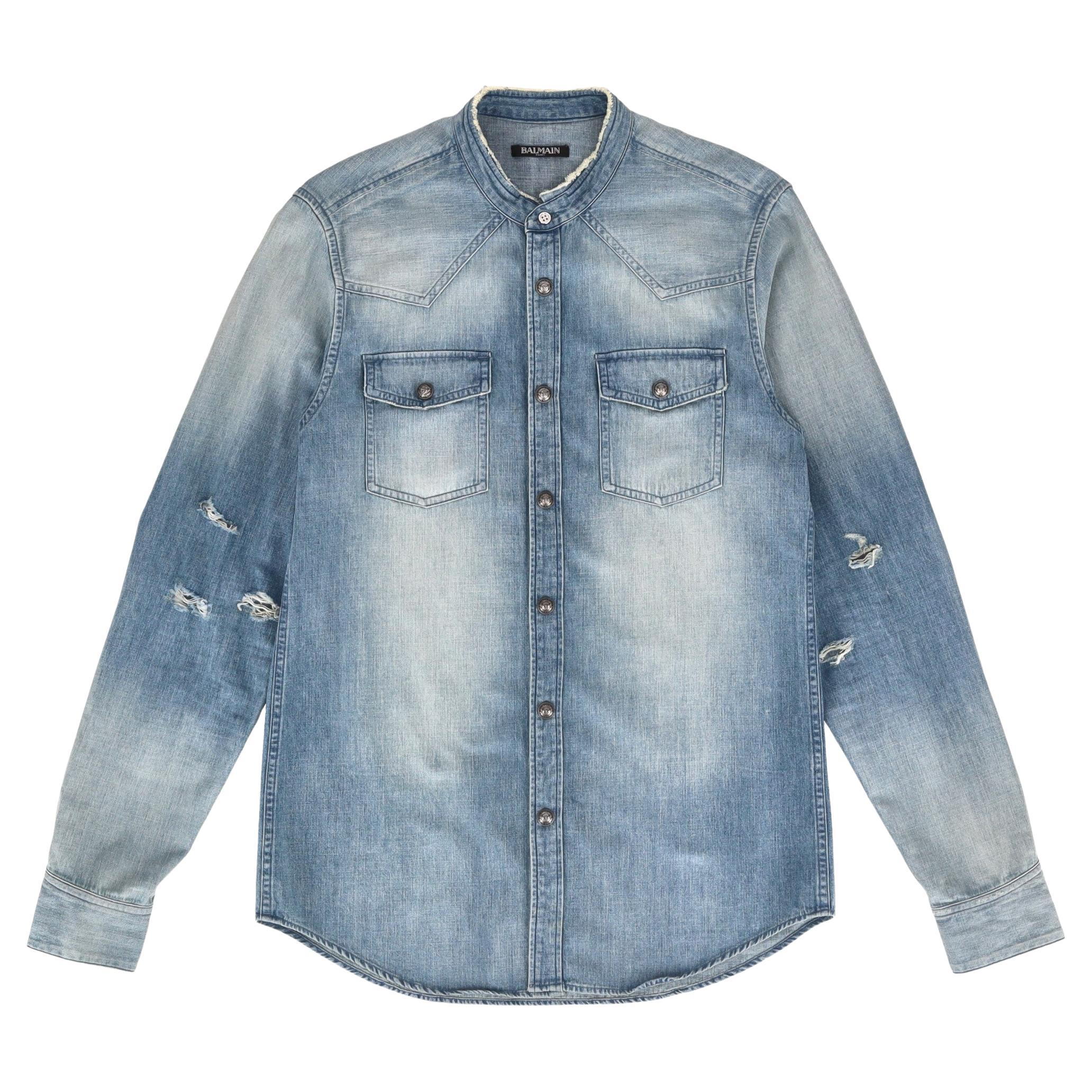 Balmain Distressed Faded Denim Shirt With Embroidered Logo Back For Sale