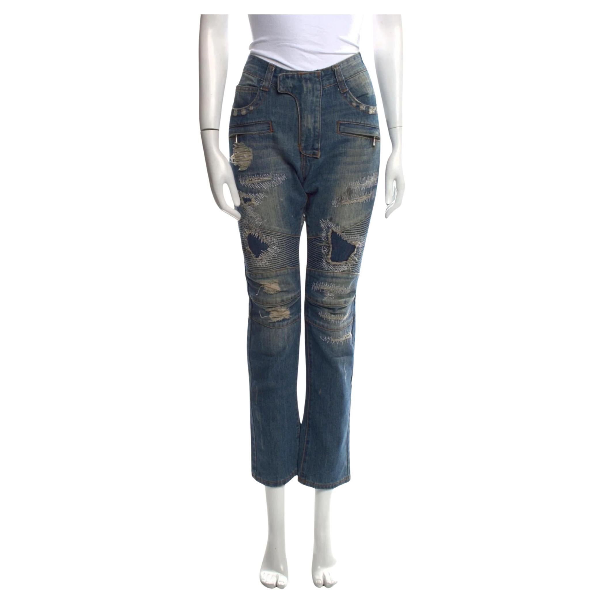 Balmain Distressed Mid-Rise Straight Leg Blue Jeans (US 30)