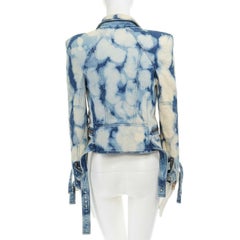 BALMAIN Donna blue tie dye denim double breasted padded shoulder biker FR36