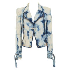 BALMAIN Donna blue tie dye denim double breasted padded shoulder biker FR36