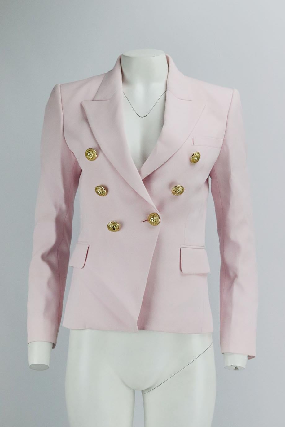 Balmain double breasted crepe blazer. Pink. Long sleeve, v-neck. Button fastening at front. 70% Acetate, 26% viscose, 4% polyurethane; lining: 52% viscose, 48% cotton. Size: FR 38 (UK 10, US 6, IT 42). Shoulder to shoulder: 15 in. Bust: 34 in.