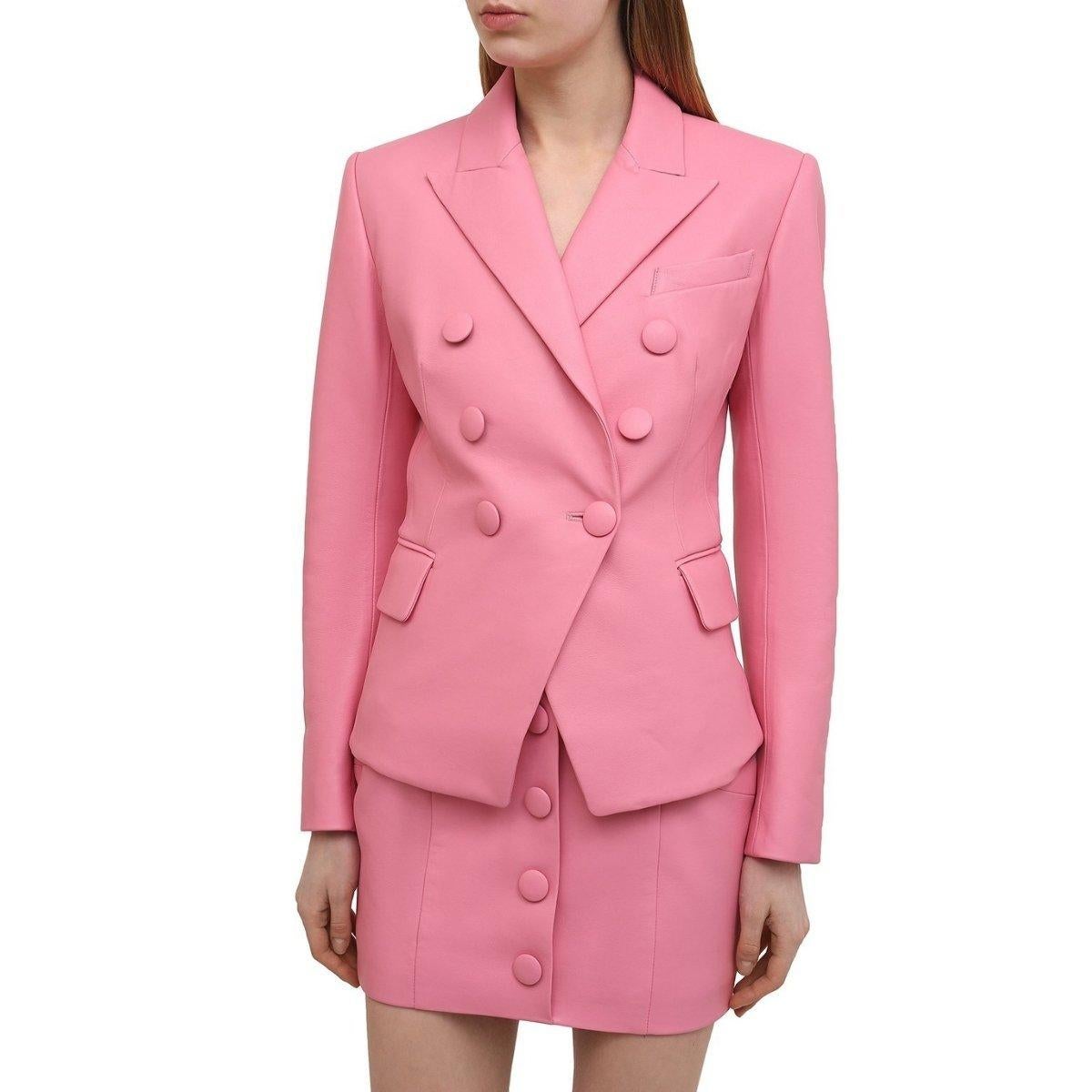 Rose Balmain - Blazer en cuir à double boutonnage FR 40 en vente