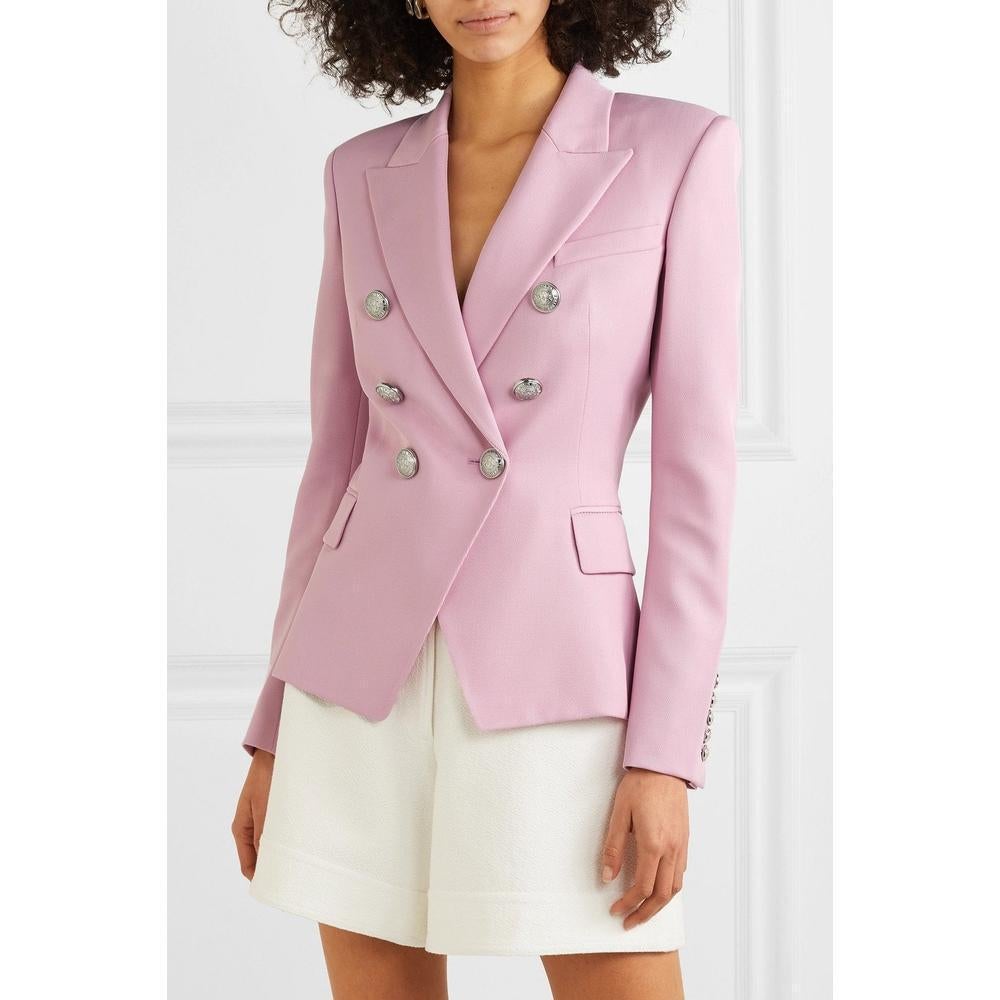 This baby pink wool-blend double-breasted blazer jacket from Balmain features peaked lapels, a front button fastening, long sleeves, front flap pockets, a cinched waist and padded shoulders.Pink wool-twillButton fastenings through double-breasted