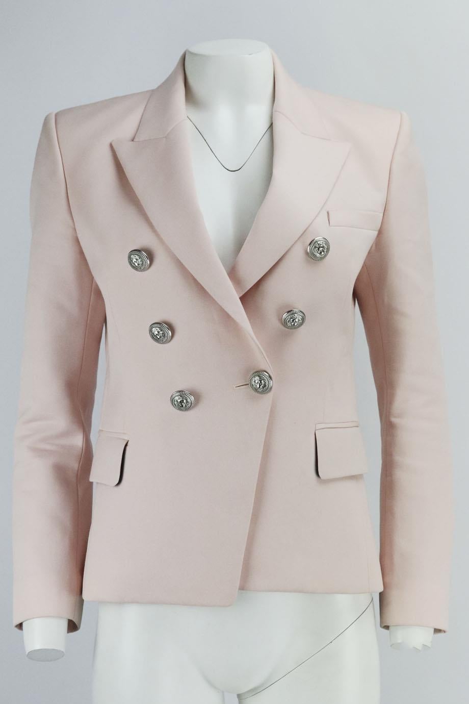 Balmain double breasted wool twill blazer. Pink. Long sleeve, v-neck. Button fastening at front. 100% Wool; lining: 52% viscose, 48% cotton. Size: FR 40 (UK 12, US 8, IT 44). Shoulder to shoulder: 16.5 in. Bust: 38 in. Waist: 35 in. Hips: 42 in.