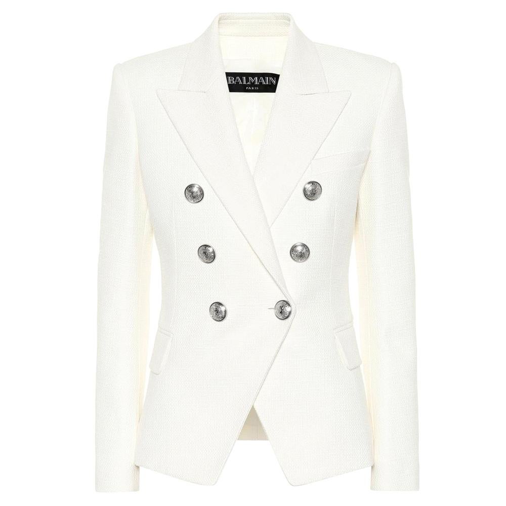 Balmain Double-breasted Wool-Twill White Blazer For Sale
