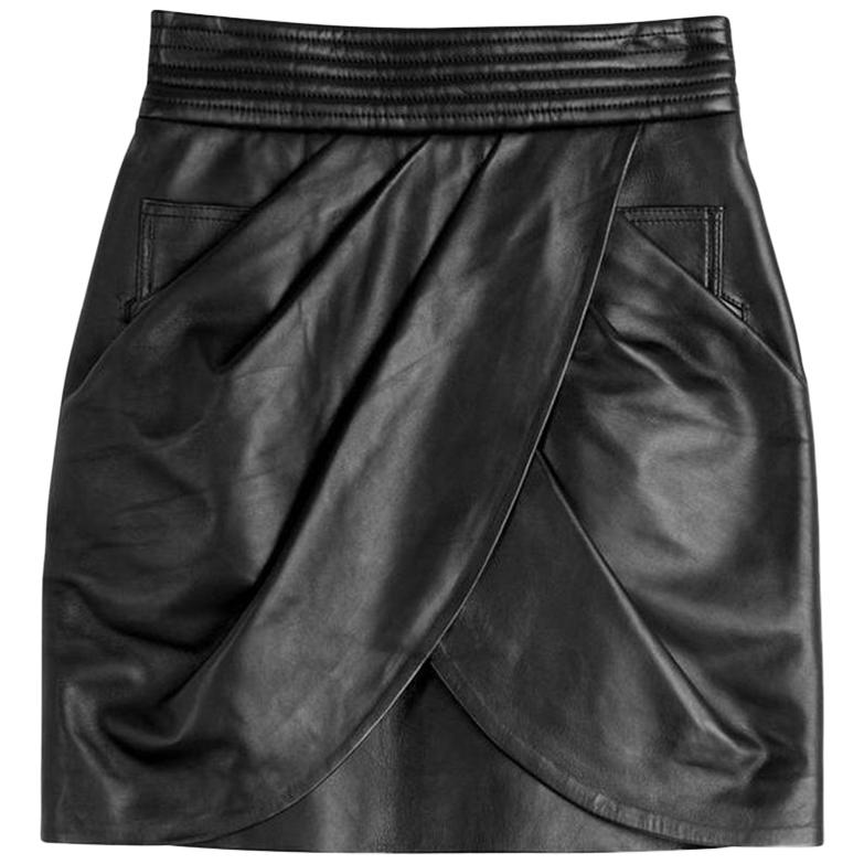 Balmain Draped Leather Mini Skirt 