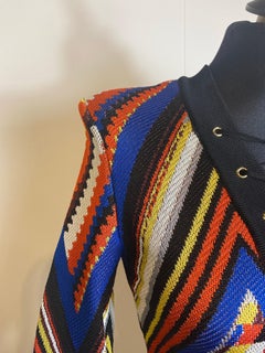 Balmain dress in a multicolored geometric pattern.