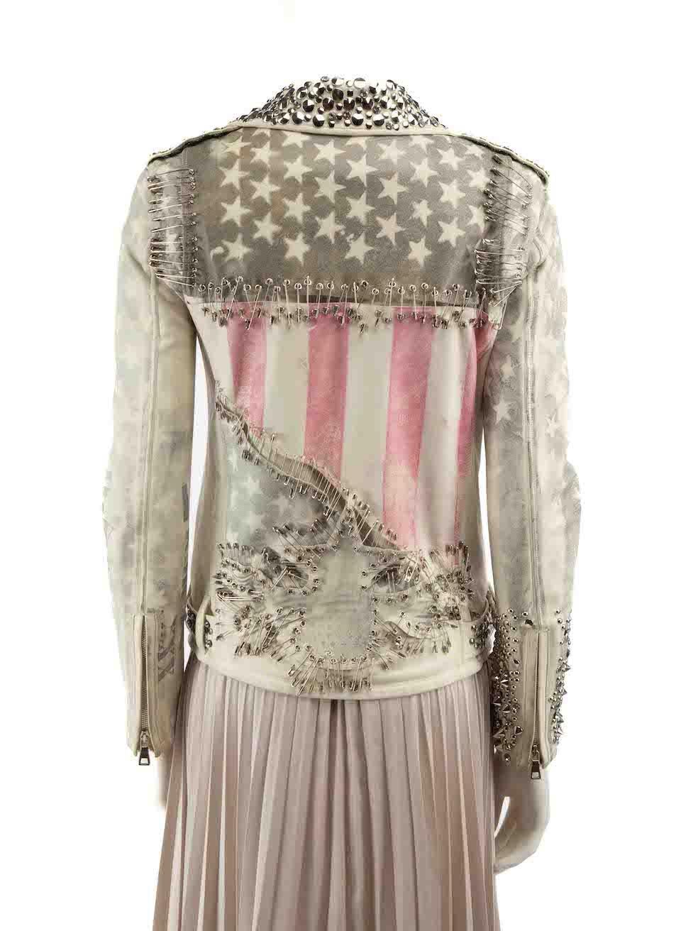 Beige Balmain Ecru Leather Safety Pin Stud Biker Jacket Size S