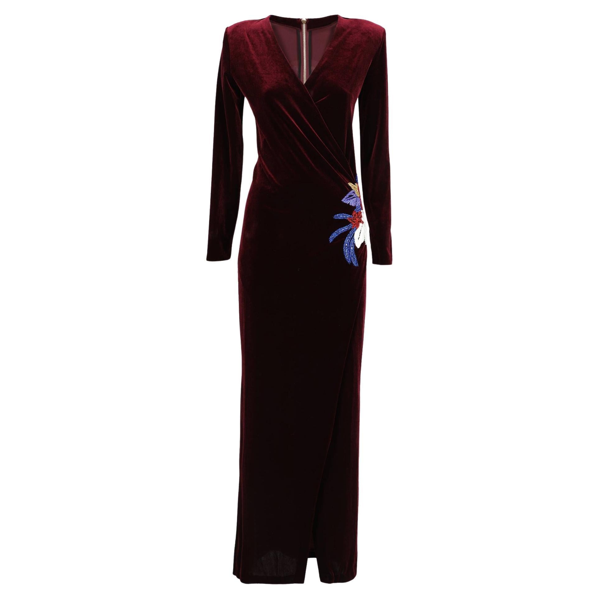 Balmain Embellished Dark Burgundy Velvet Wrap Gown