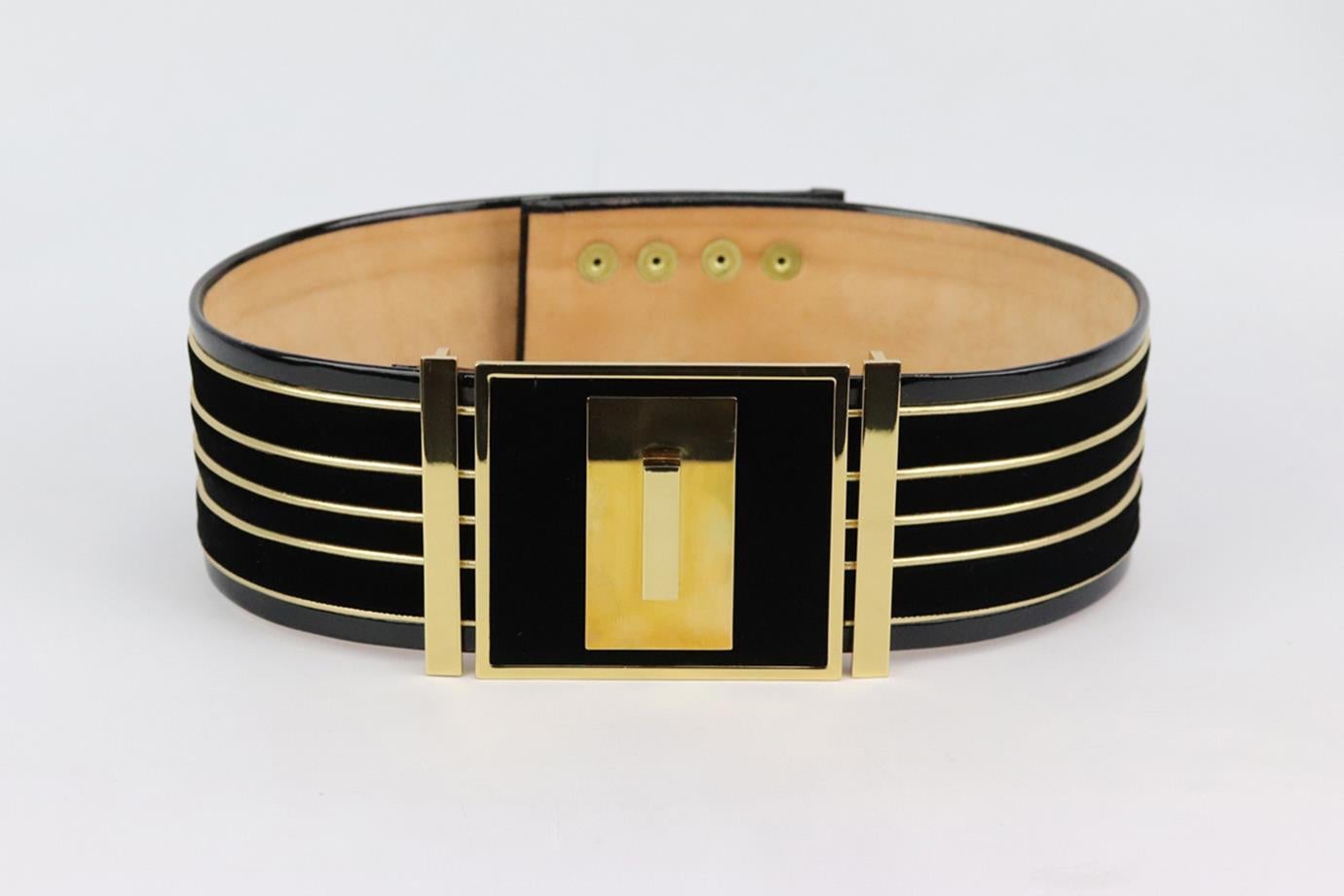 This waist belt by Balmain will give any look a statement appeal, designed to accentuate your waist, it's finished with gold and velvet striped details and the brand's signature embossed snap fastenings. Black velvet, black patent-leather, gold