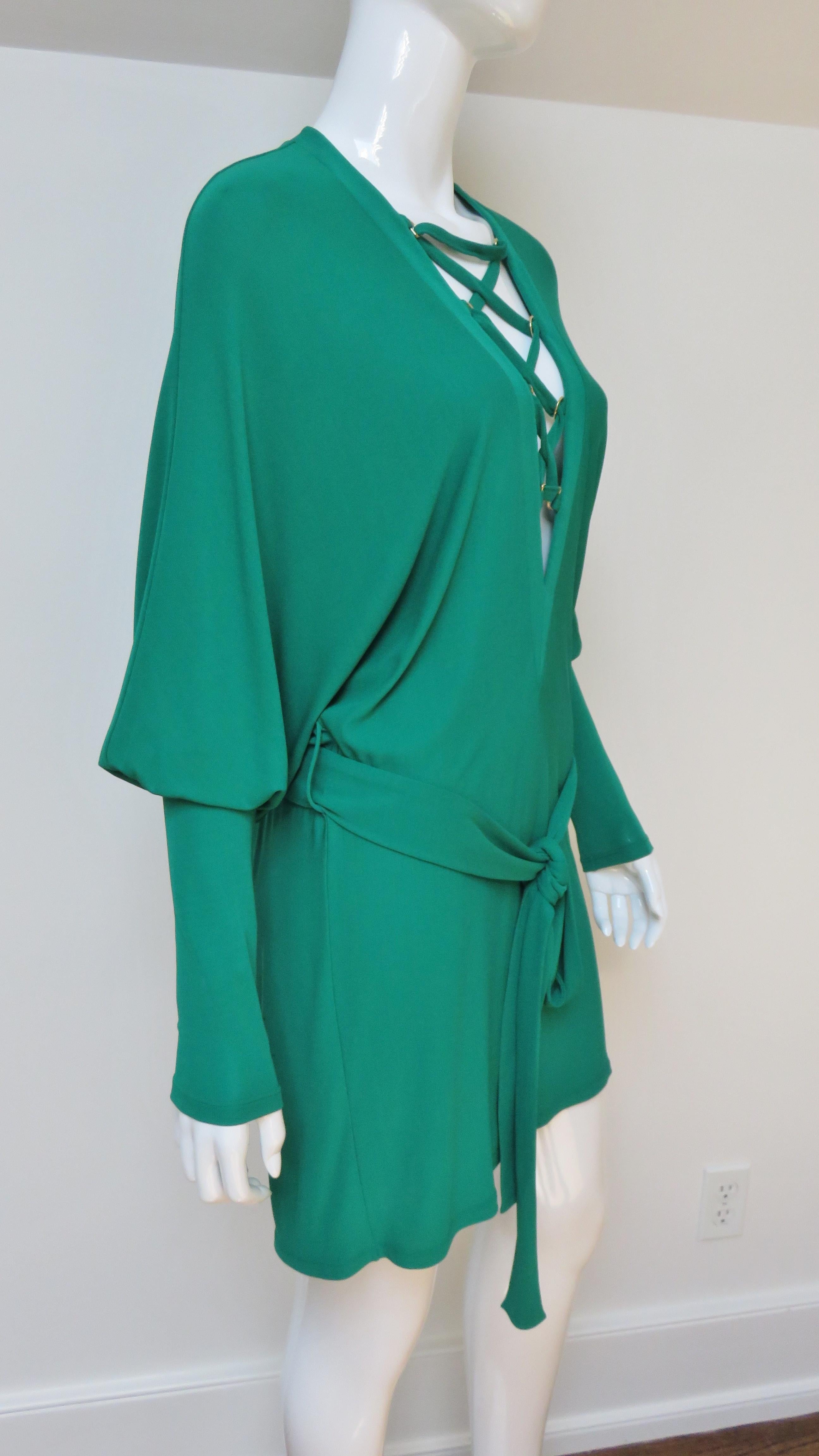 Balmain Emerald Green Lace up Plunge Dress 3