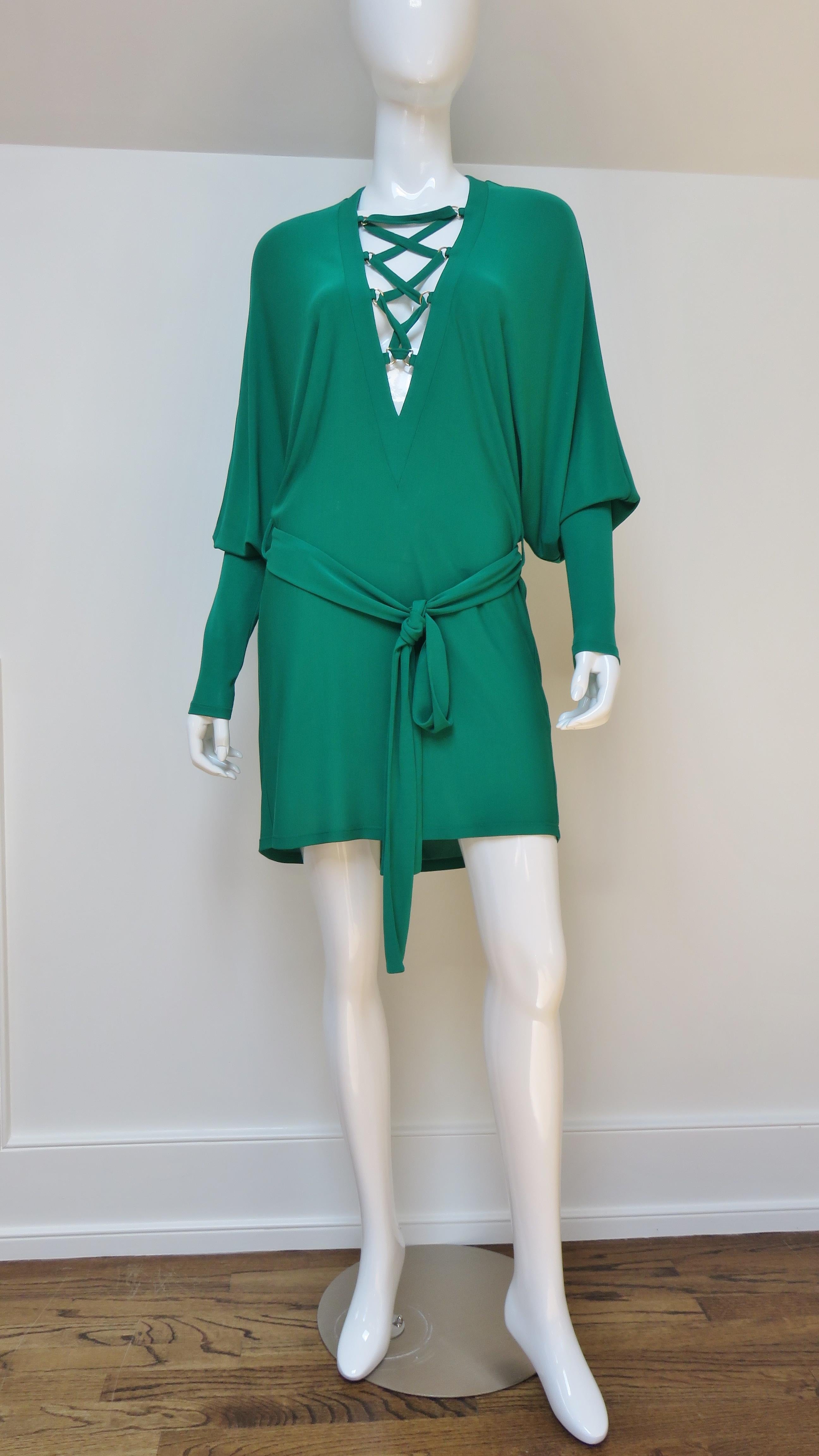 Balmain Emerald Green Lace up Plunge Dress 4