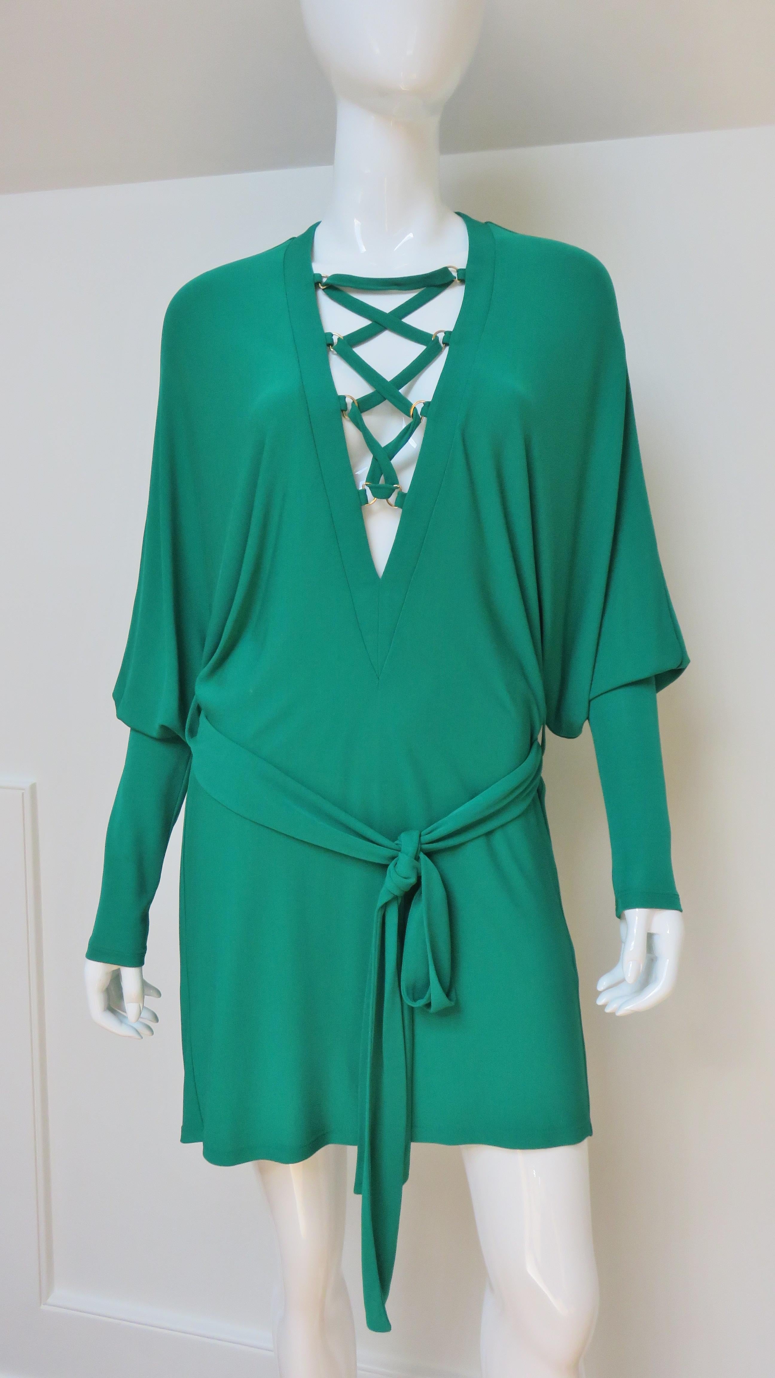 Balmain Emerald Green Lace up Plunge Dress In Good Condition In Water Mill, NY